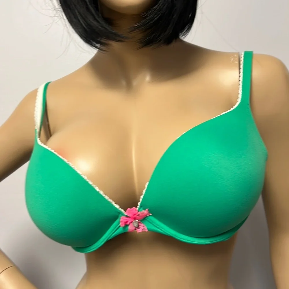 Victoria's Secret Green Padded Push-Up Bra with Pink Bow Like New 36D